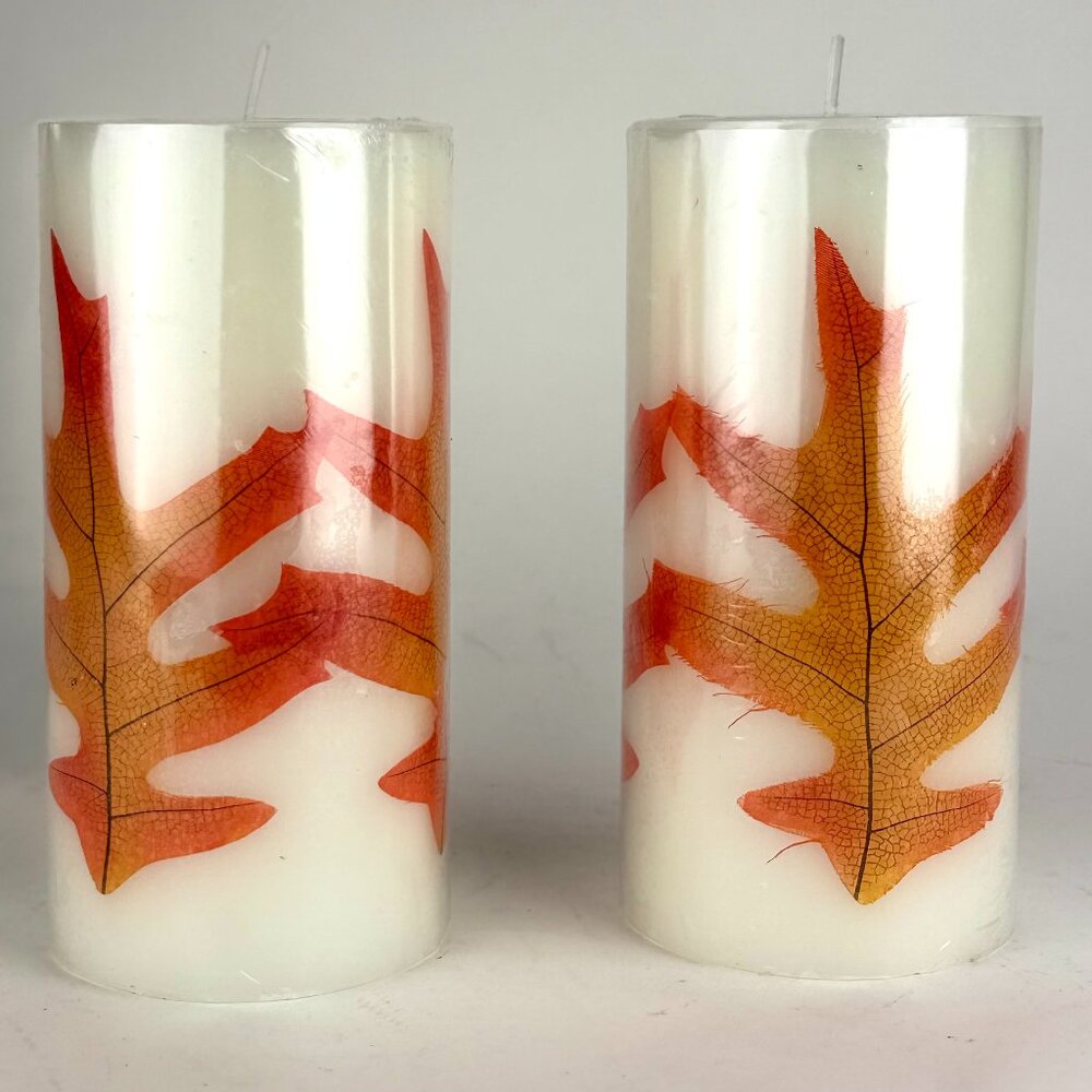 2 New Leaf Pillar Candle Set – 9” Tall Decor, New in Original Wrap